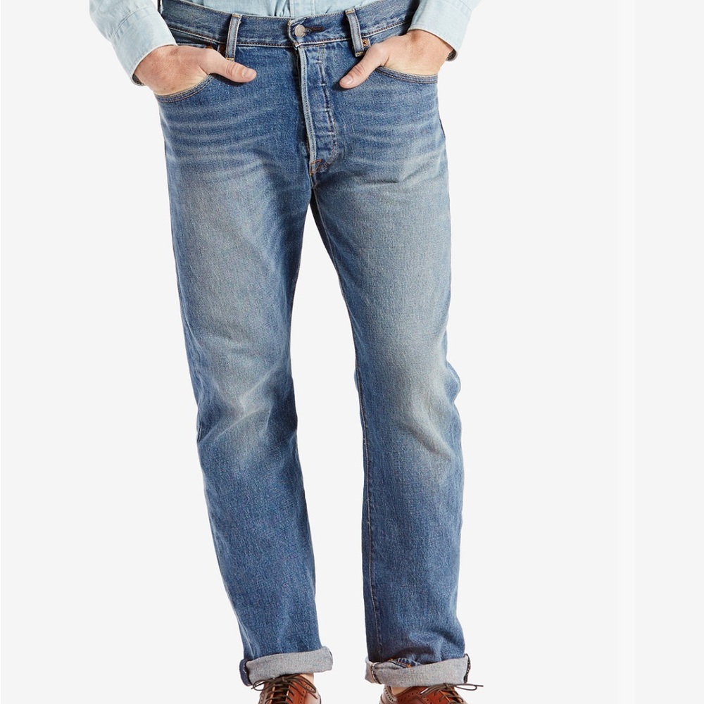 Levi’s 501 The Ben Stretch Medium Wash Button Fly Straight Leg Blue Jeans - Picture 5 of 12